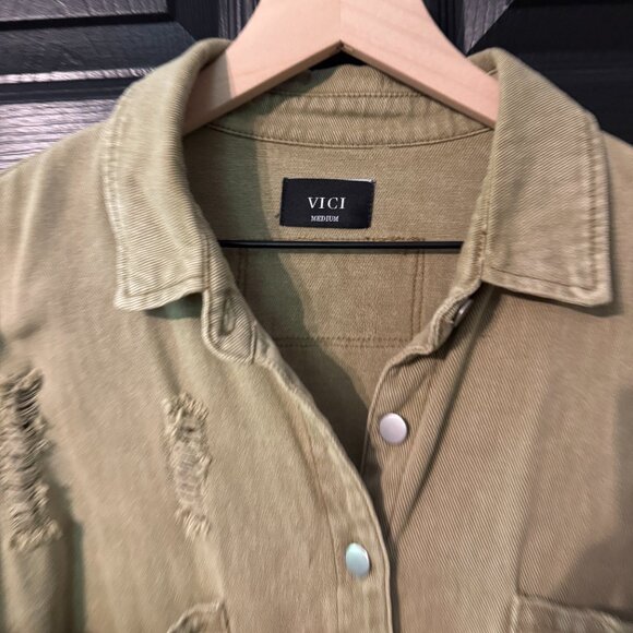 Vici Womens Distressed Lightweight Denim Jacket Tan Medium - Picture 2 of 3